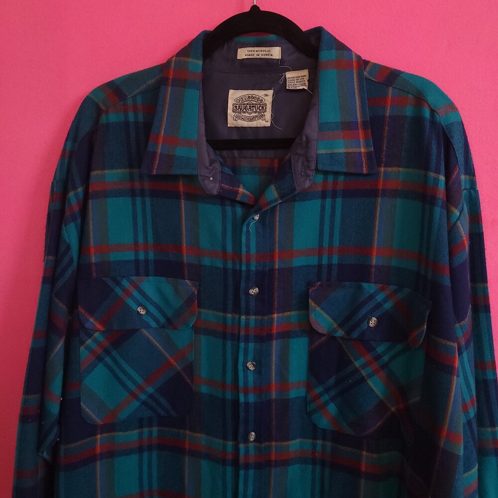 Saugatuck 3X Plaid Acrylic Flannel Shirt 3XL Blue Teal Red Vintage 90s 80s vtg
